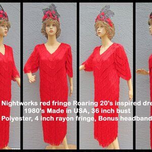 Nightworks red fringe Roaring 20's inspired dress, 1980's Made in USA, 36" bust